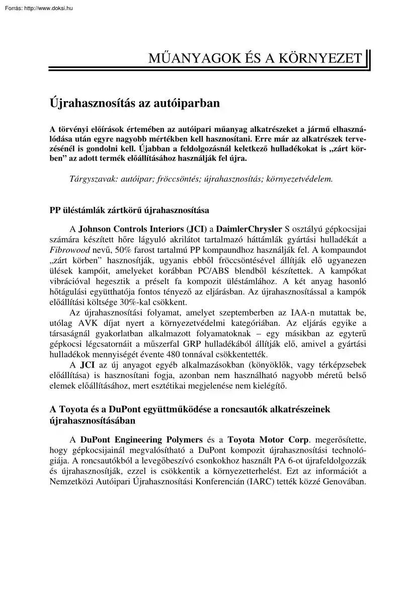 Újrahasznosítás az autóiparban