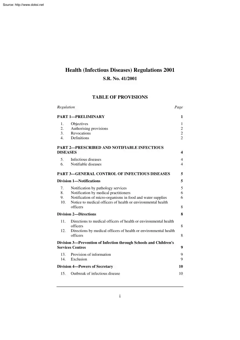 Health Regulations, Infectious Diseases
