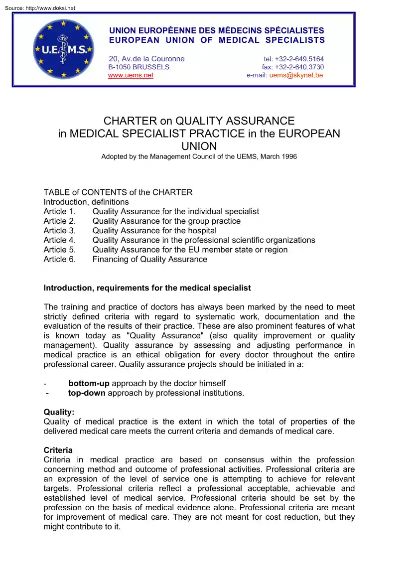Charter on Quality Assurance in Medical Specialist Practise in the European Union