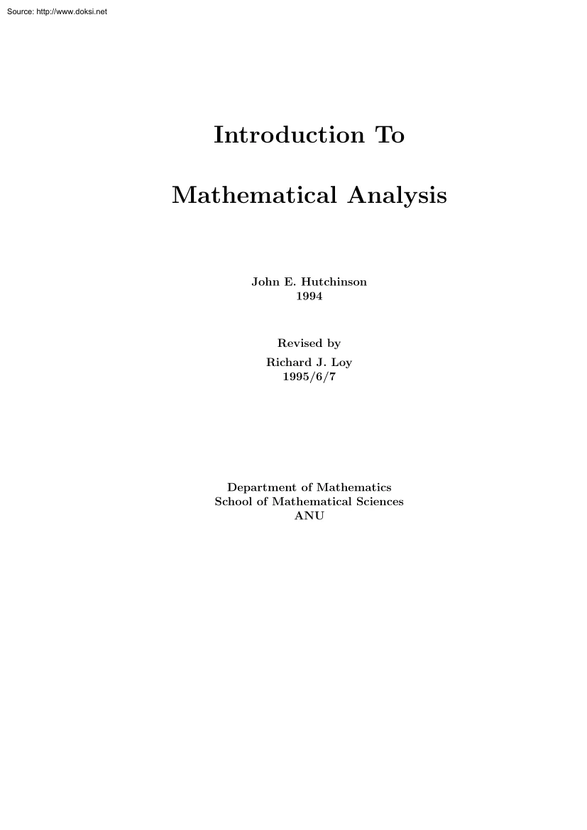 John E. Hutchinson - Introduction to Mathematical Analysis