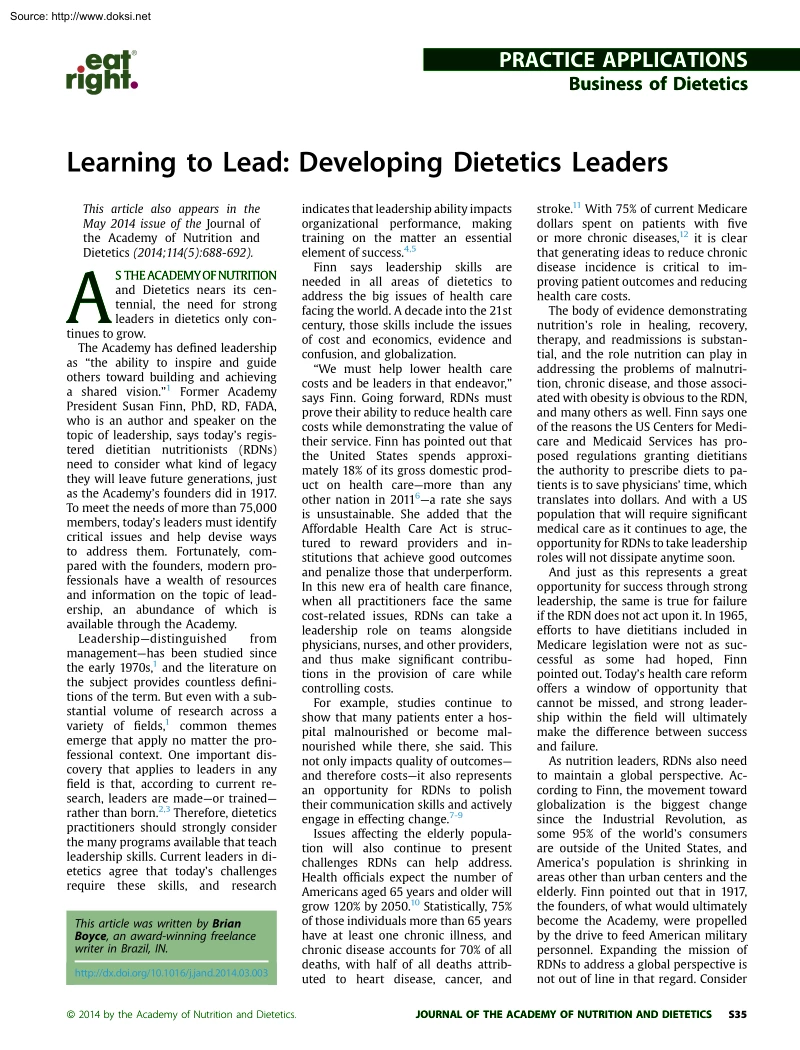 Learning to Lead, Developing Dietetics Leaders