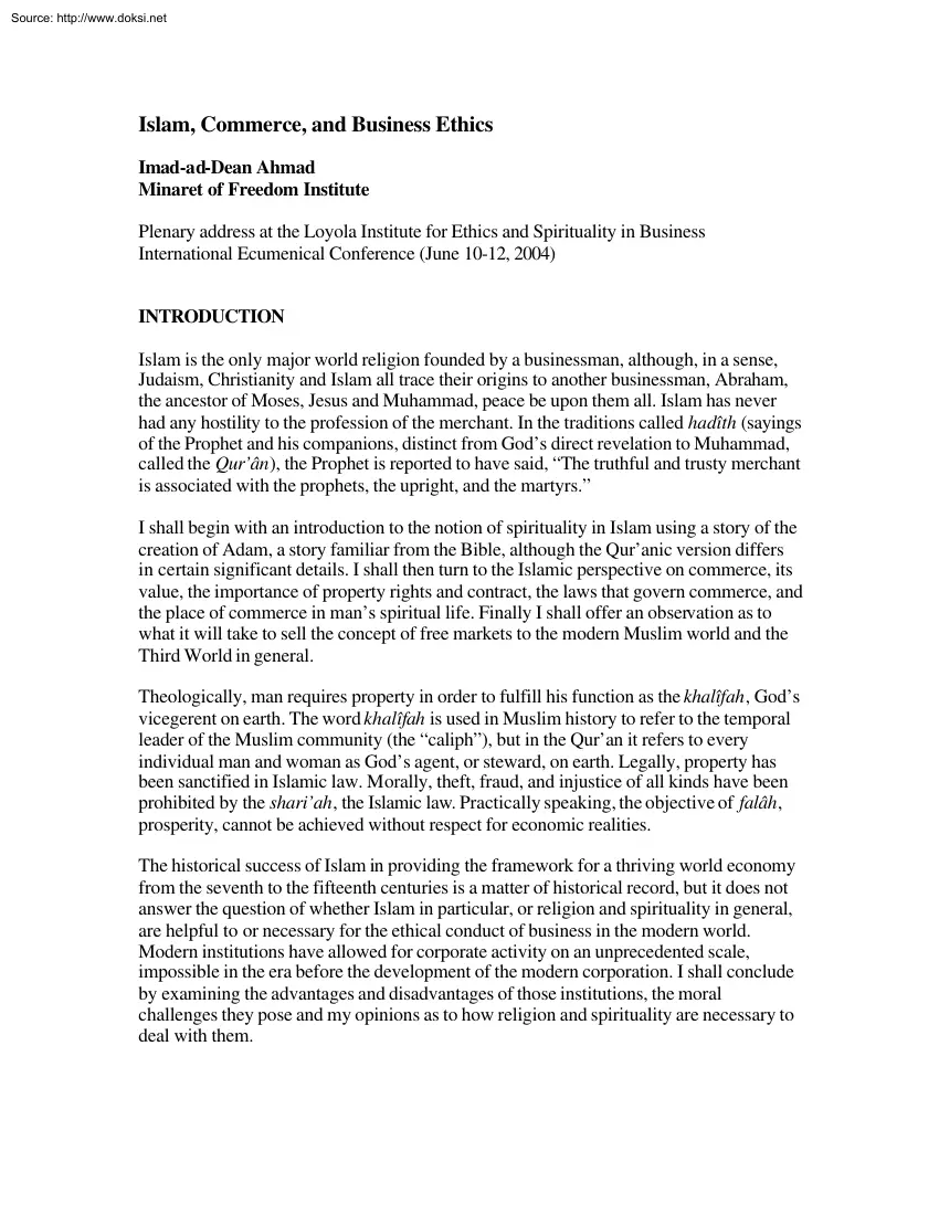 Imad-ad-Dean - Islam, Commerce, and Business Ethics