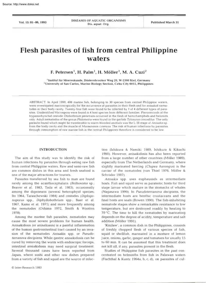 Flesh parasites of fish from central Philippine waters