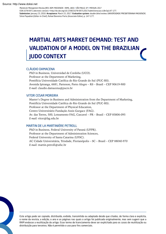 Martial Arts Market Demand, Test and Validation of a Model on the Brazilian Judo Context