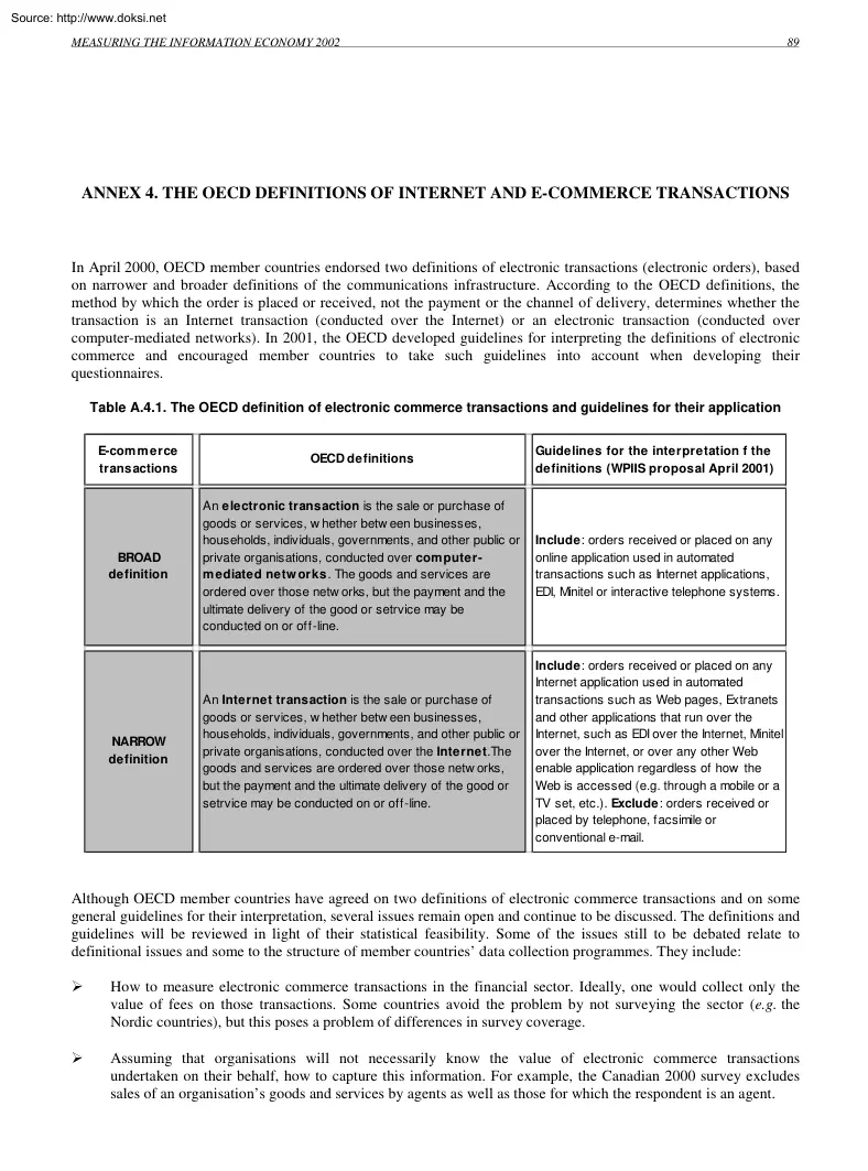 The OECD Definitions of Internet and E-Commerce Transactions
