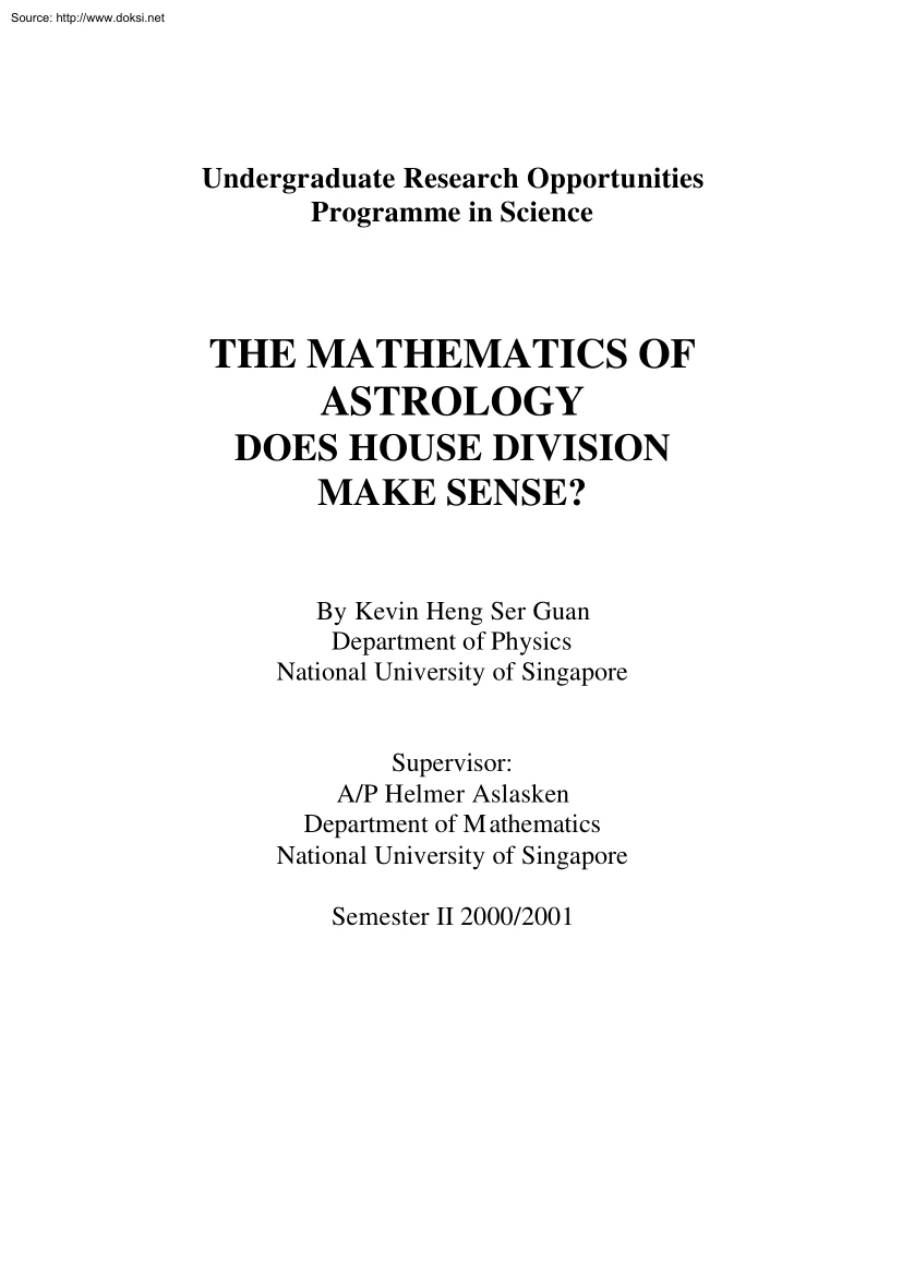 Kevin Heng Ser Guan - The Mathematics of Astrology, does House Division Make Sense
