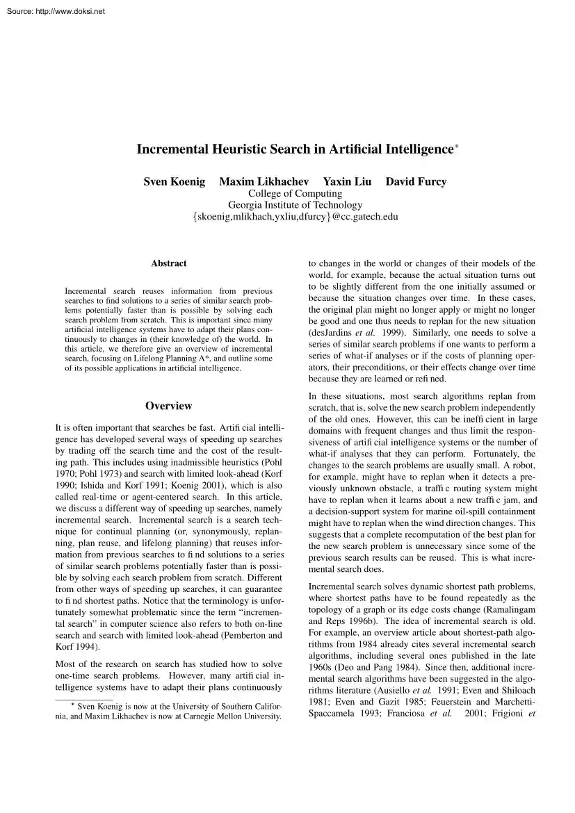 Koenig-Likhachev-Liu - Incremental Heuristic Search in Artificial Intelligence