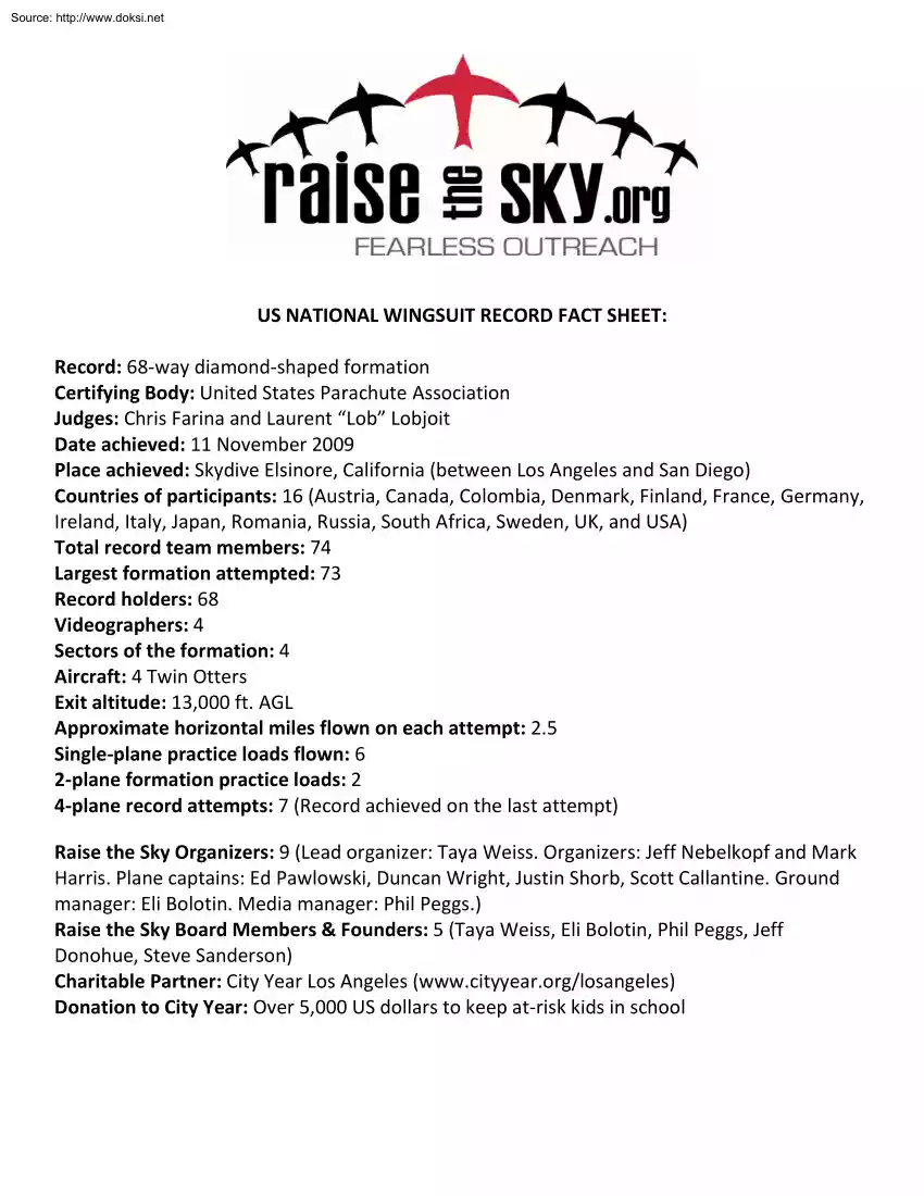 US National Wingsuit Record Fact Sheet