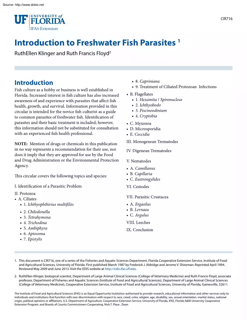 Introduction to Freshwater Fish Parasites
