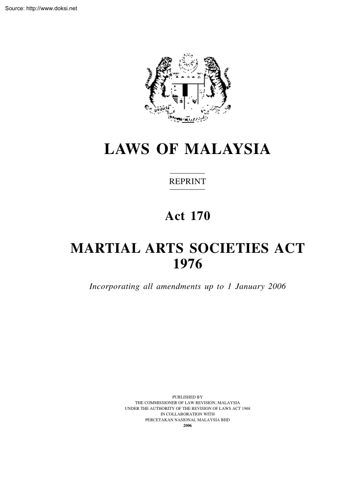 Martial Arts Societies Act, Laws of Malaysia, 1976