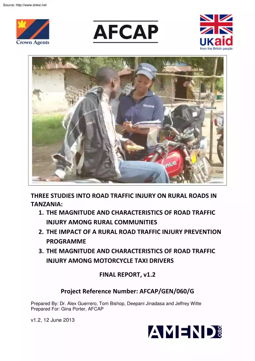 Three Studies into Road Traffic Injury on Rural Roads in Tanzania