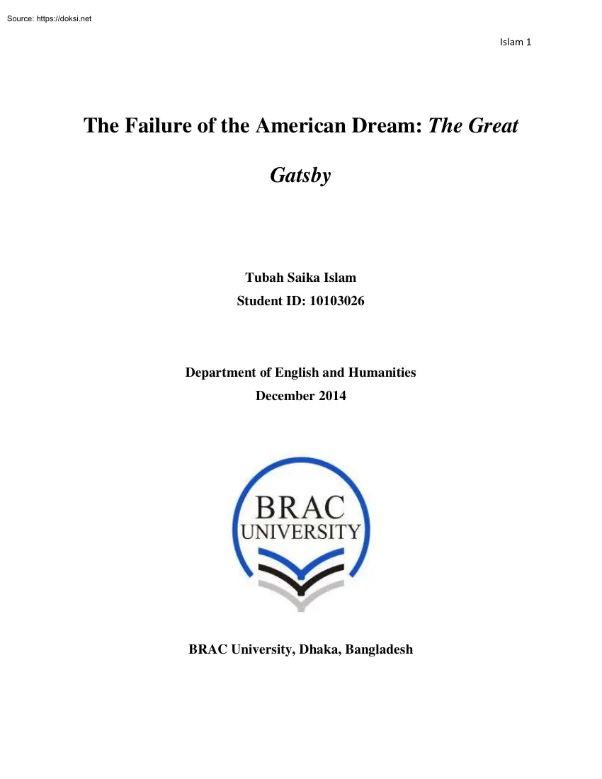 Tubah Saika Islam - The Failure of the American Dream, The Great Gatsby