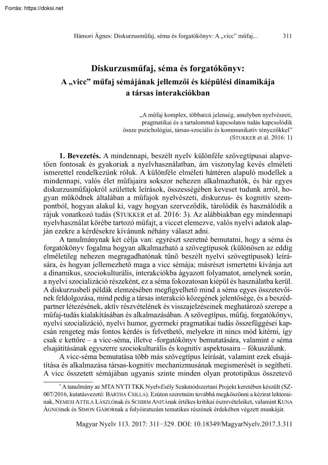 Hámori Ágnes - Diskurzusműfaj, séma és forgatókönyv: A vicc műfaj sémájának jellemzői és kiépülési dinamikája