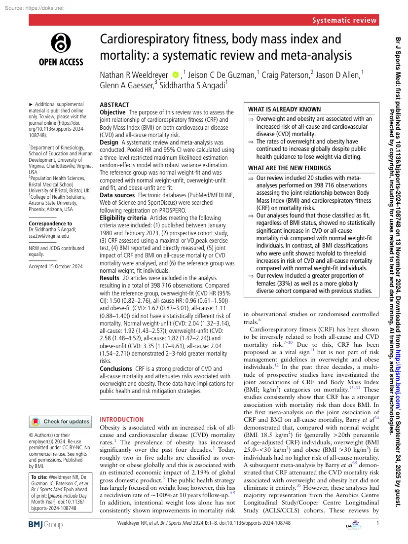 Cardiorespiratory fitness, body mass index and mortality, a systematic review and meta-analysis