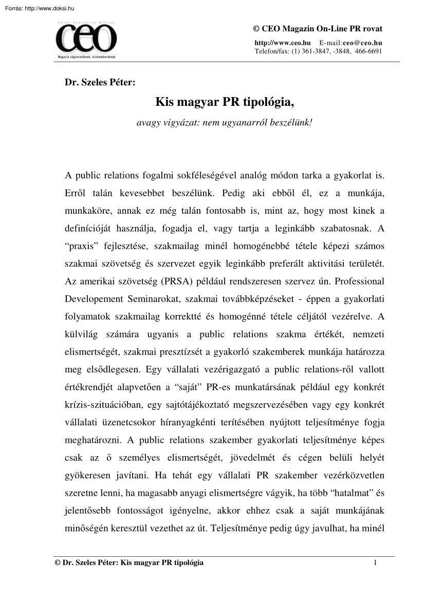 Dr. Szeles Péter - Kis magyar PR tipológia