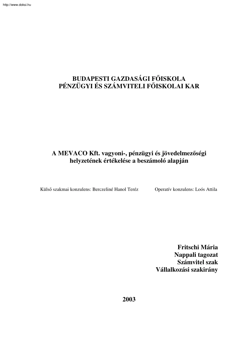 Fritschi Mária - A Mevaco Kft. vagyoni, pénzügyi és jövedelmezőségi helyzetének értékelése a beszámoló alapján