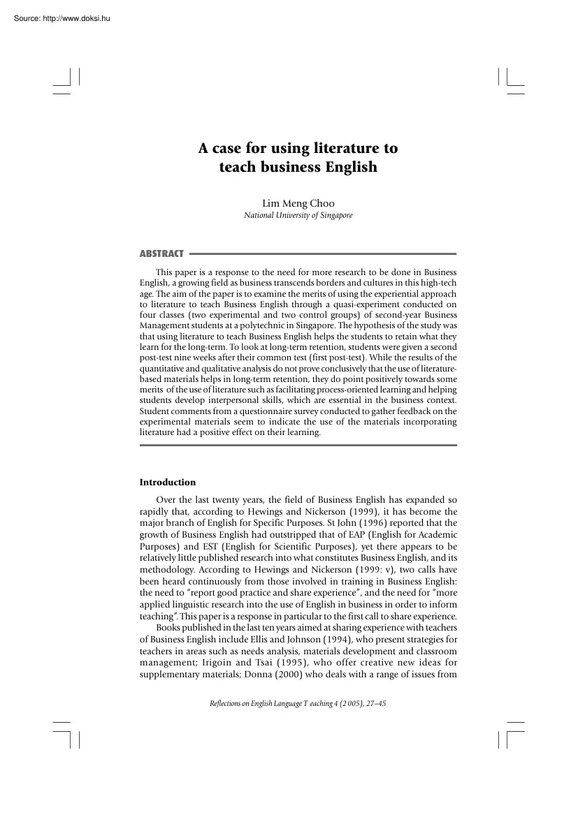 Lim Meng Choo - A case for using literature to teach business English