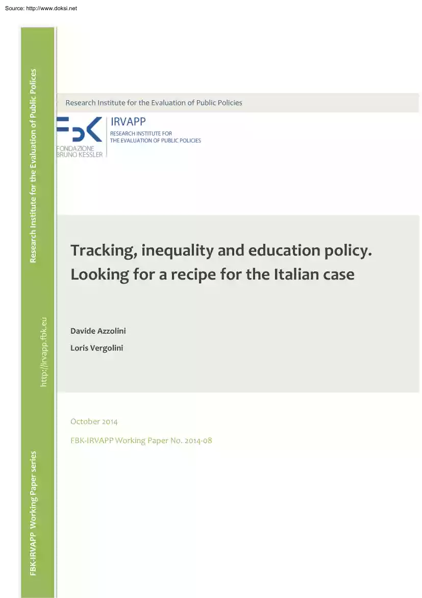 Azzolini-Vergolini - Tracking, Inequality and Education Policy, Looking for a Recipe for the Italian Case