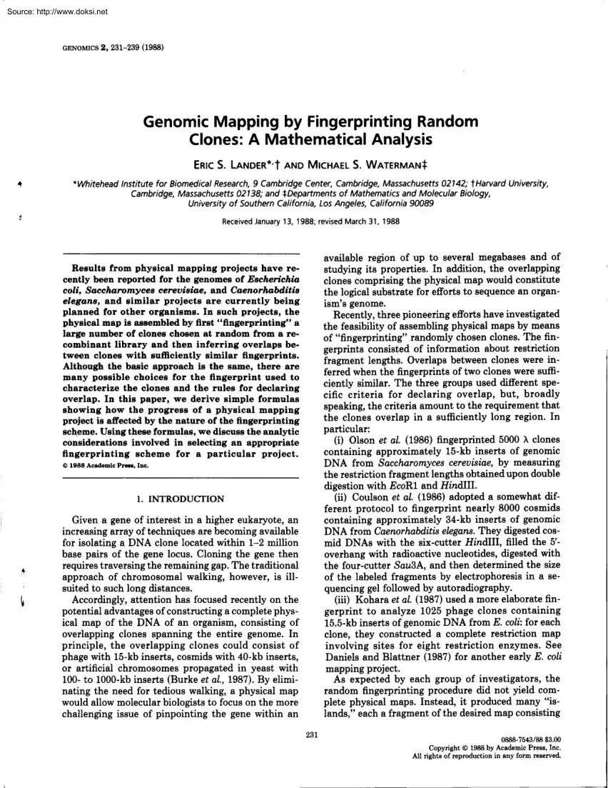 Lander-Waterman - Genomic Mapping by Fingerprinting Random Clones, A Mathematical Analysis