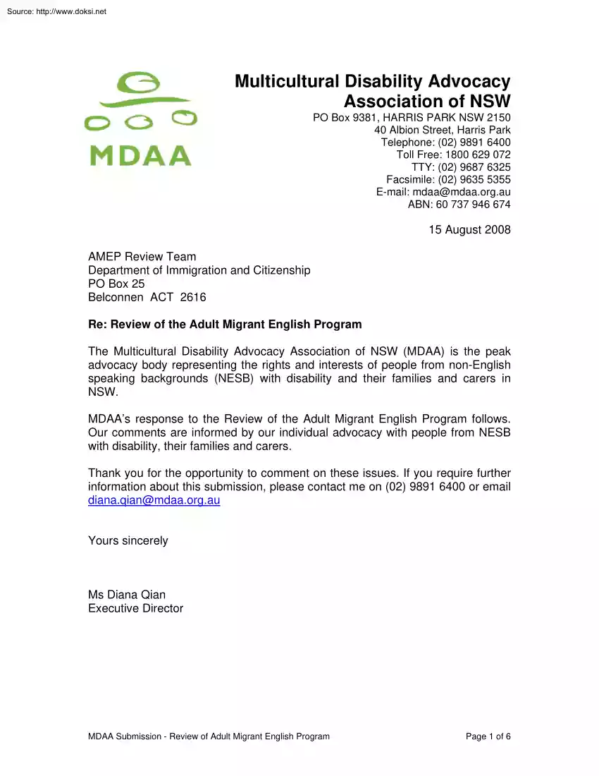 MDAA Response to the Review of the Adult Migrant English Program