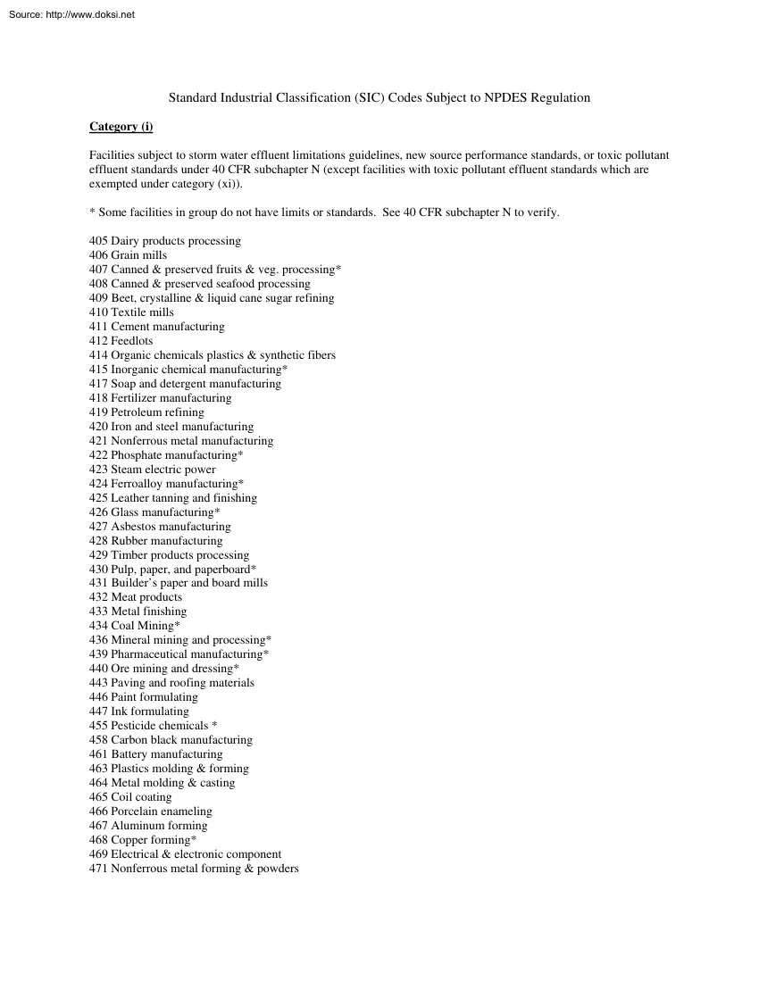 Standard Industrial Classification, SIC, Codes Subject to NPDES Regulation