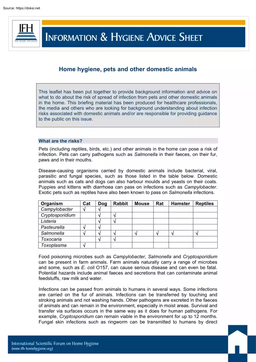 Home Hygiene, Pets and Other Domestic Animals