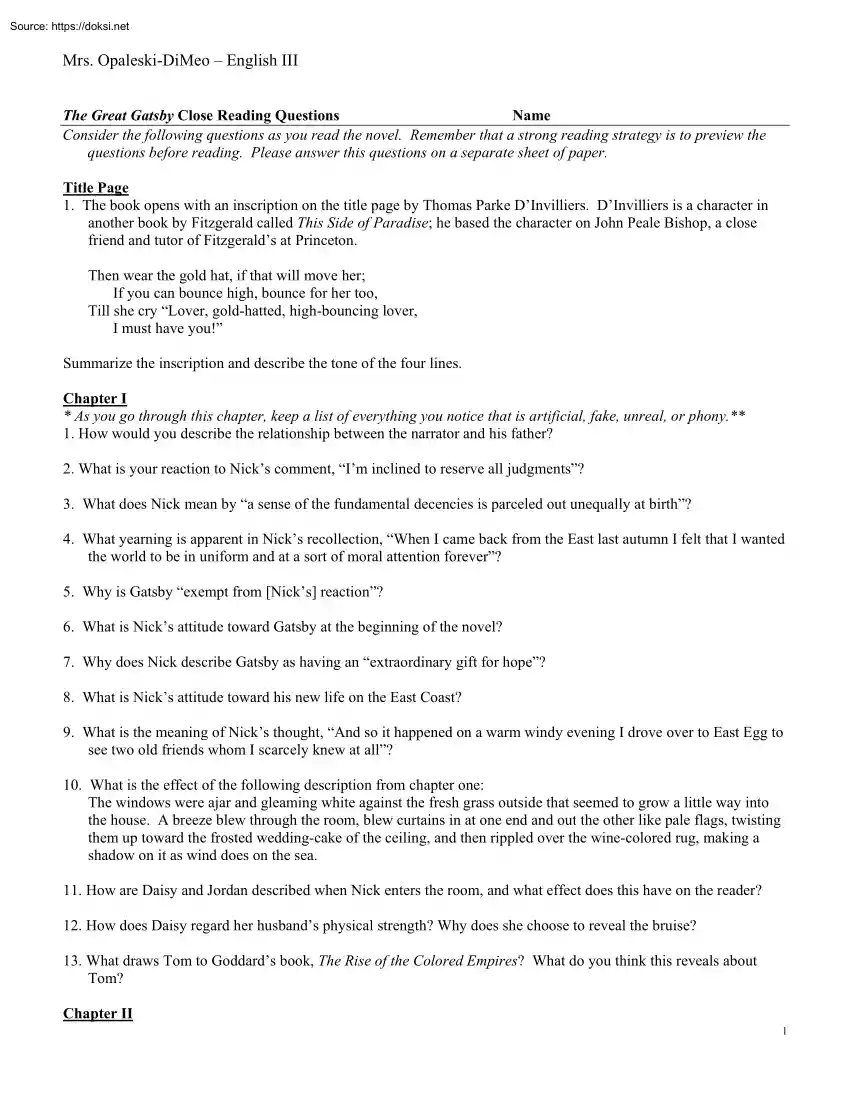 The Great Gatsby, Close Reading Questions