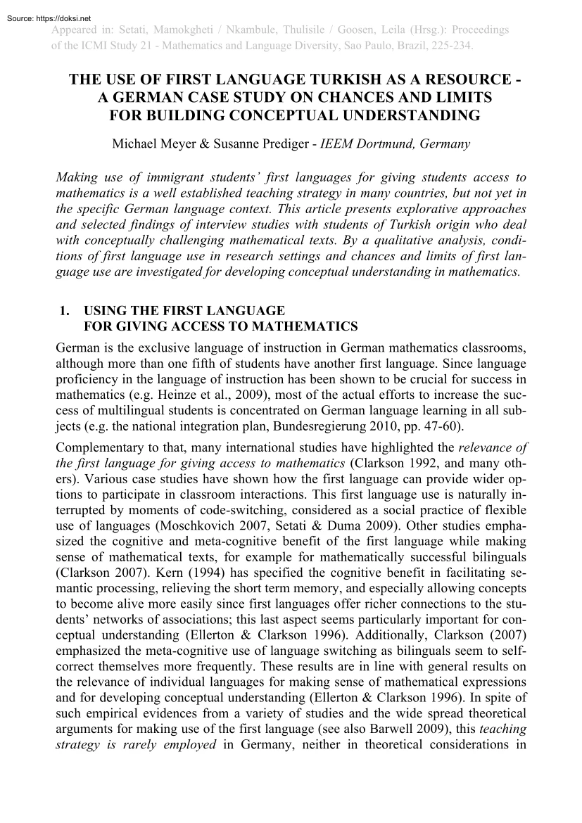 Meyer-Prediger - The Use of First Language Turkish as a Resource, A German Case Study on Chances and Limits for Building Conceptual Understanding