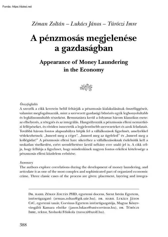 Zéman-Lukács-Túróczi - A pénzmosás megjelenése a gazdaságban