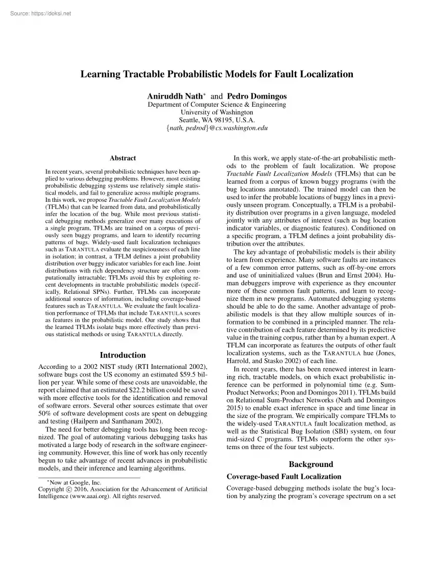 Nath-Domingos - Learning Tractable Probabilistic Models for Fault Localization