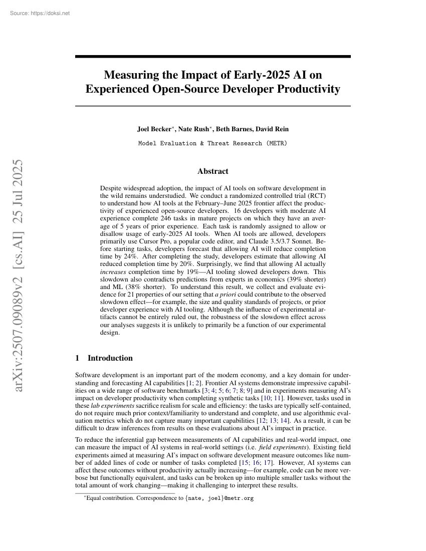 Measuring the Impact of Early-2025 AI on Experienced Open-Source Developer Productivity