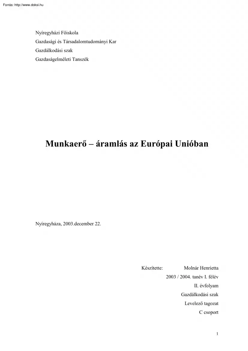 Molnár Henrietta - Munkaerő-áramlás az Európai Unióban