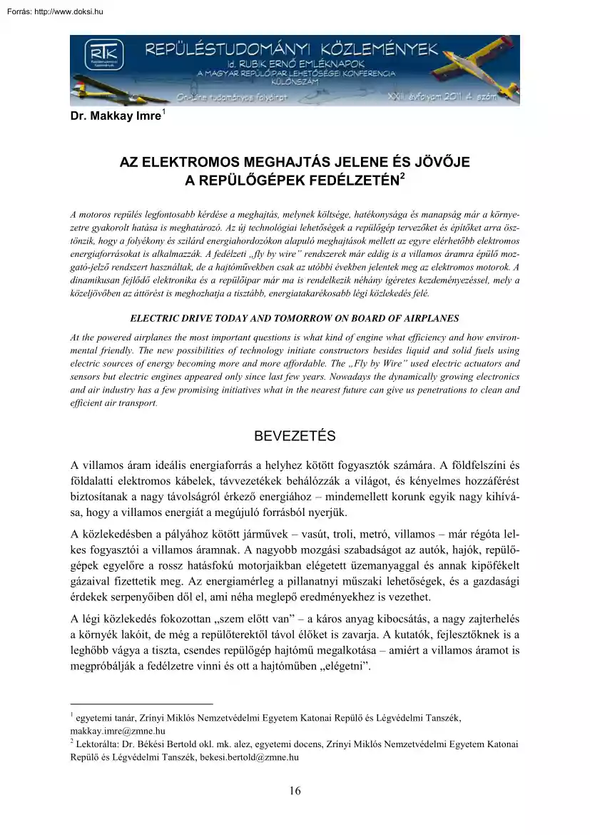 Makkay Imre - Az elektromos meghajtás jelen és jövője a repülőgépek fedélzetén