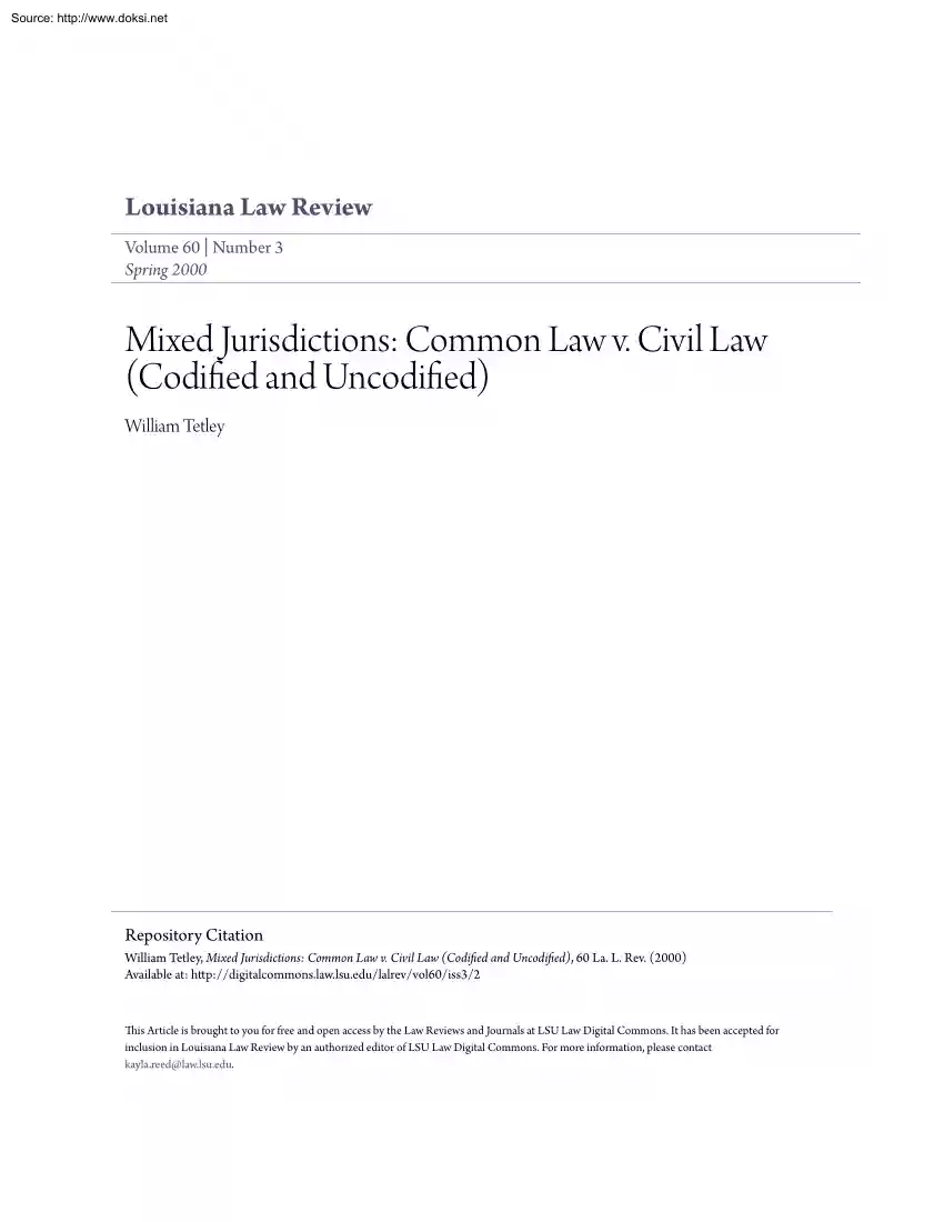 William Tetley - Mixed Jurisdictions, Common Law, Civil Law, Codified and Uncodified