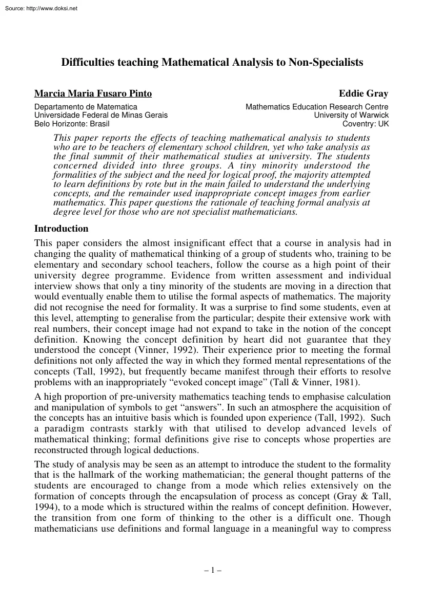 Maria-Gray - Difficulties Teaching Mathematical Analysis to Non Specialists