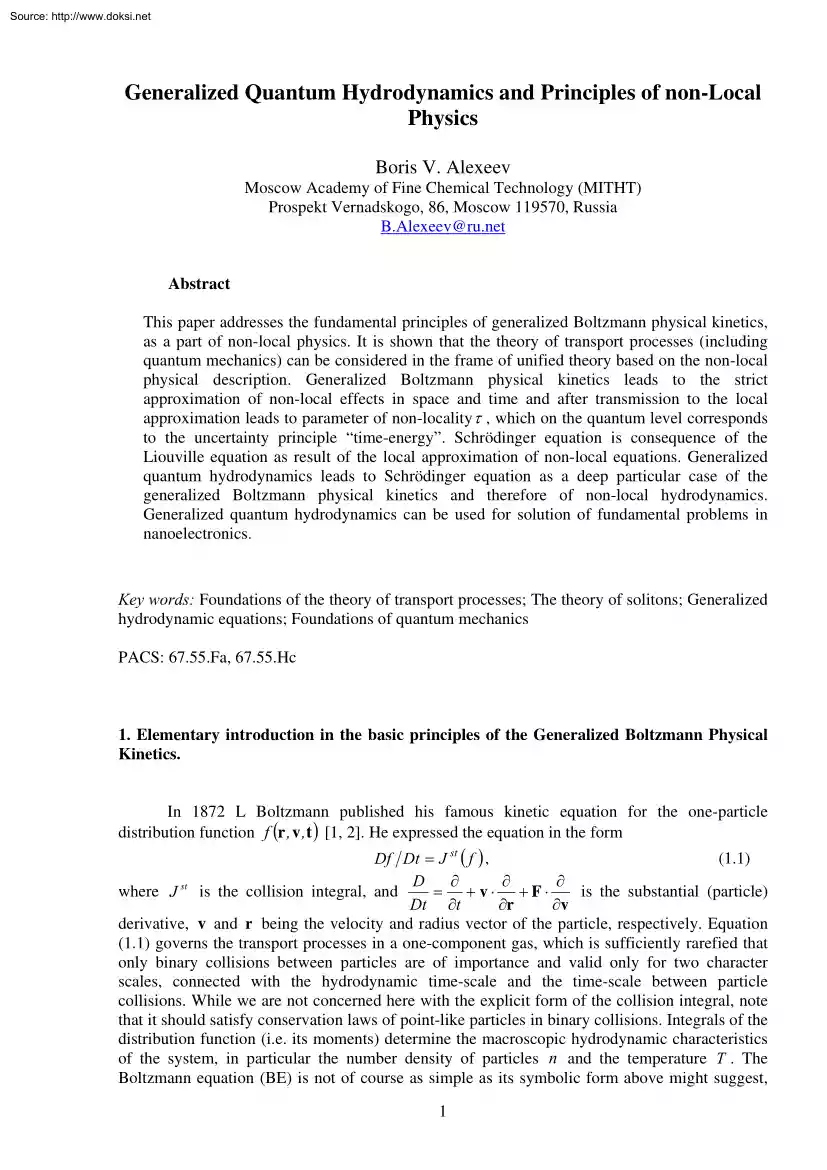 Boris V. Alexeev - Generalized Quantum Hydrodynamics and Principles of non Local Physics