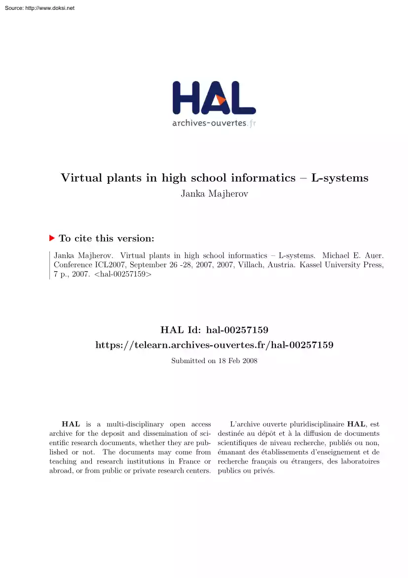 Janka Majherov - Virtual Plants in High School Informatics, L-systems