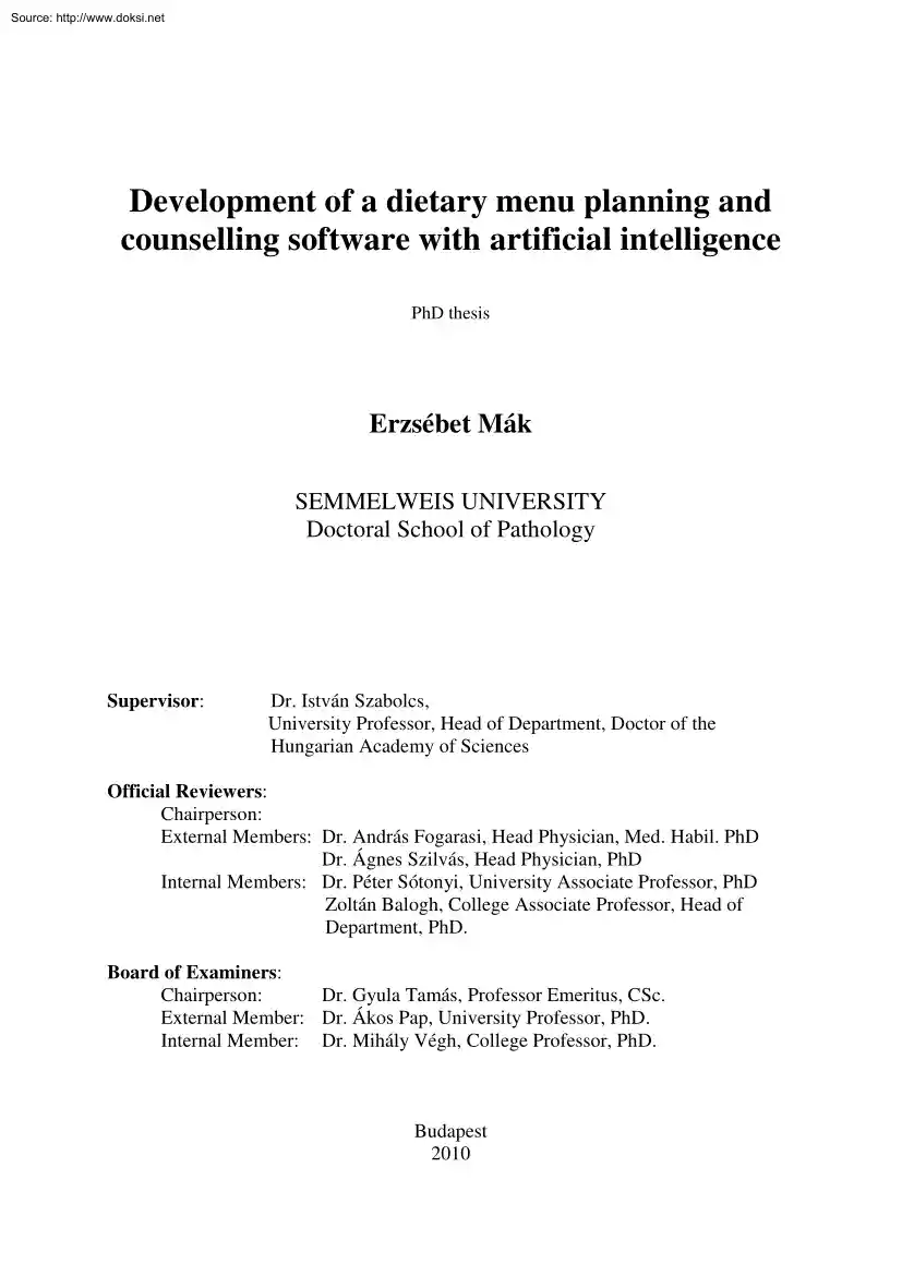 Erzsébet Mák - Development of a Dietary Menu Planning and Counselling Software with Artificial Intelligence