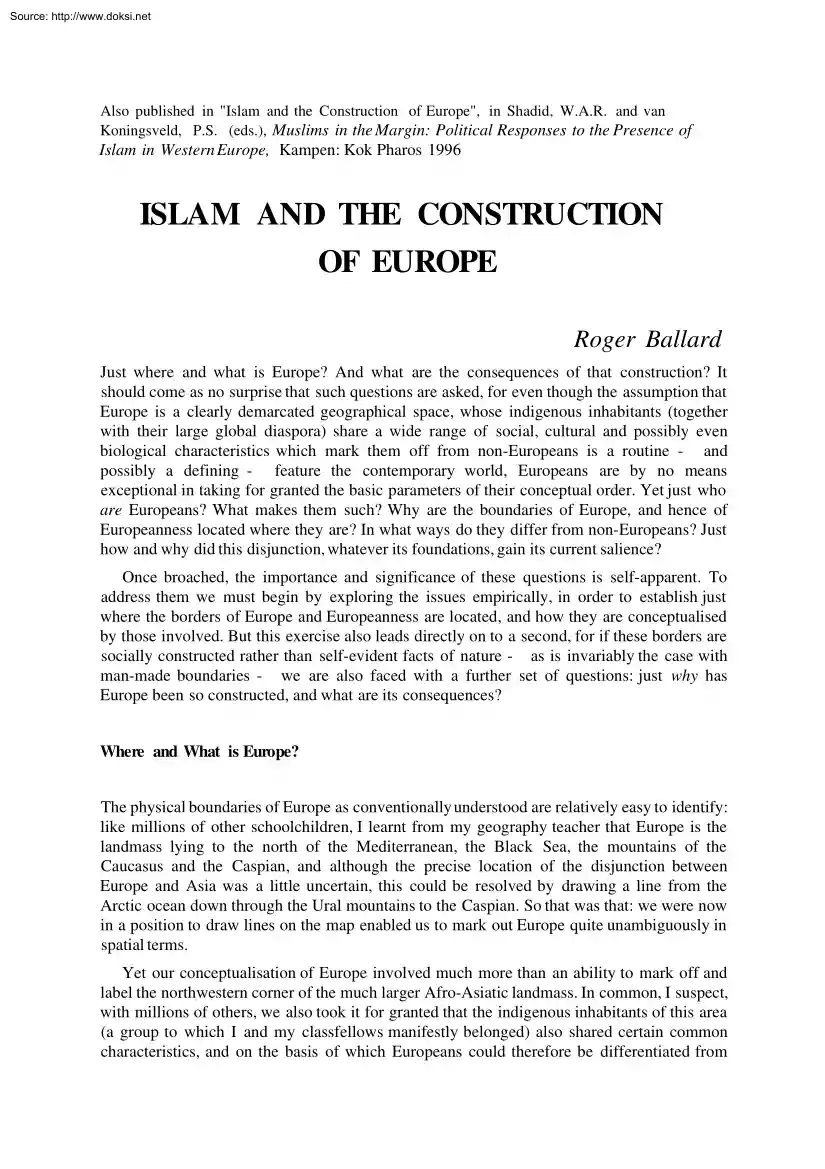Roger Ballard - Islam and the Construction of Europe