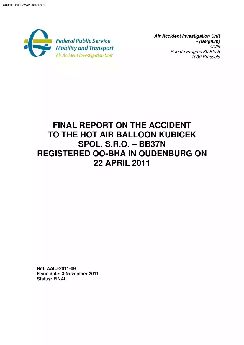 Final Report in the Accident to the Hit Air Balloon Kubicek
