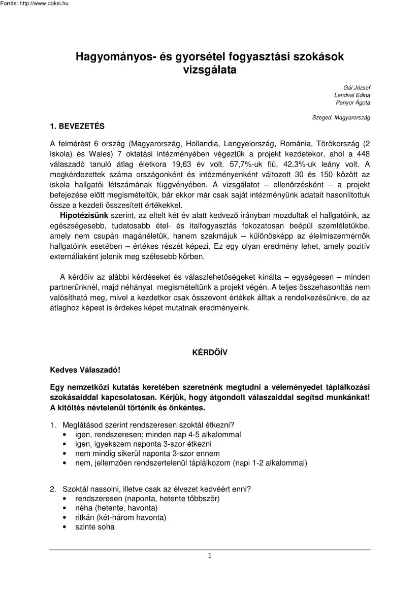Gál-Lendvai-Panyor - Hagyományos -és gyorsétel fogyasztási szokások vizsgálata