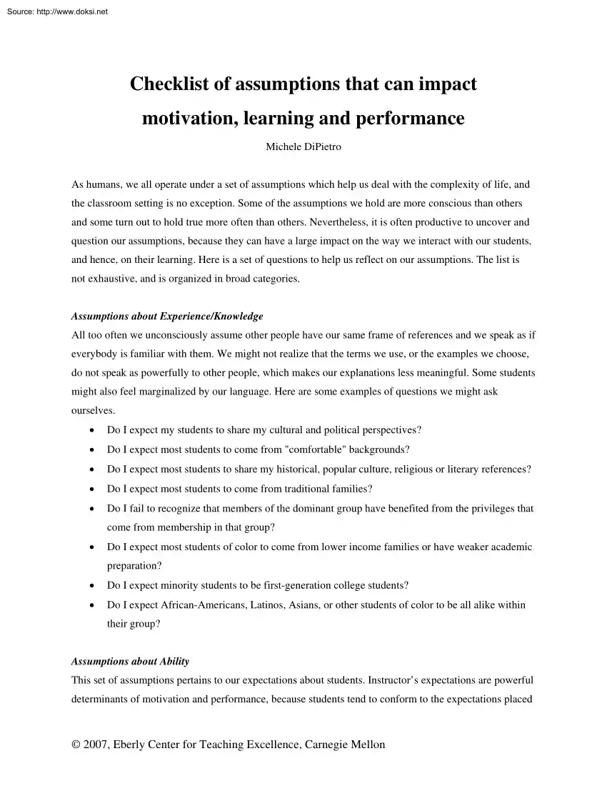 Michele DiPietro - Checklist of Assumptions that can Impact Motivation, Learning and Performance