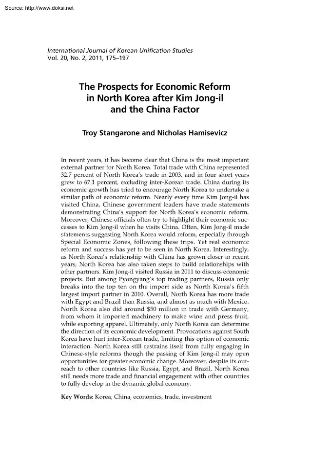 Stangarone-Hamisevicz - The Prospects for Economic Reform in North Korea after Kim Jong-il and the China Factor
