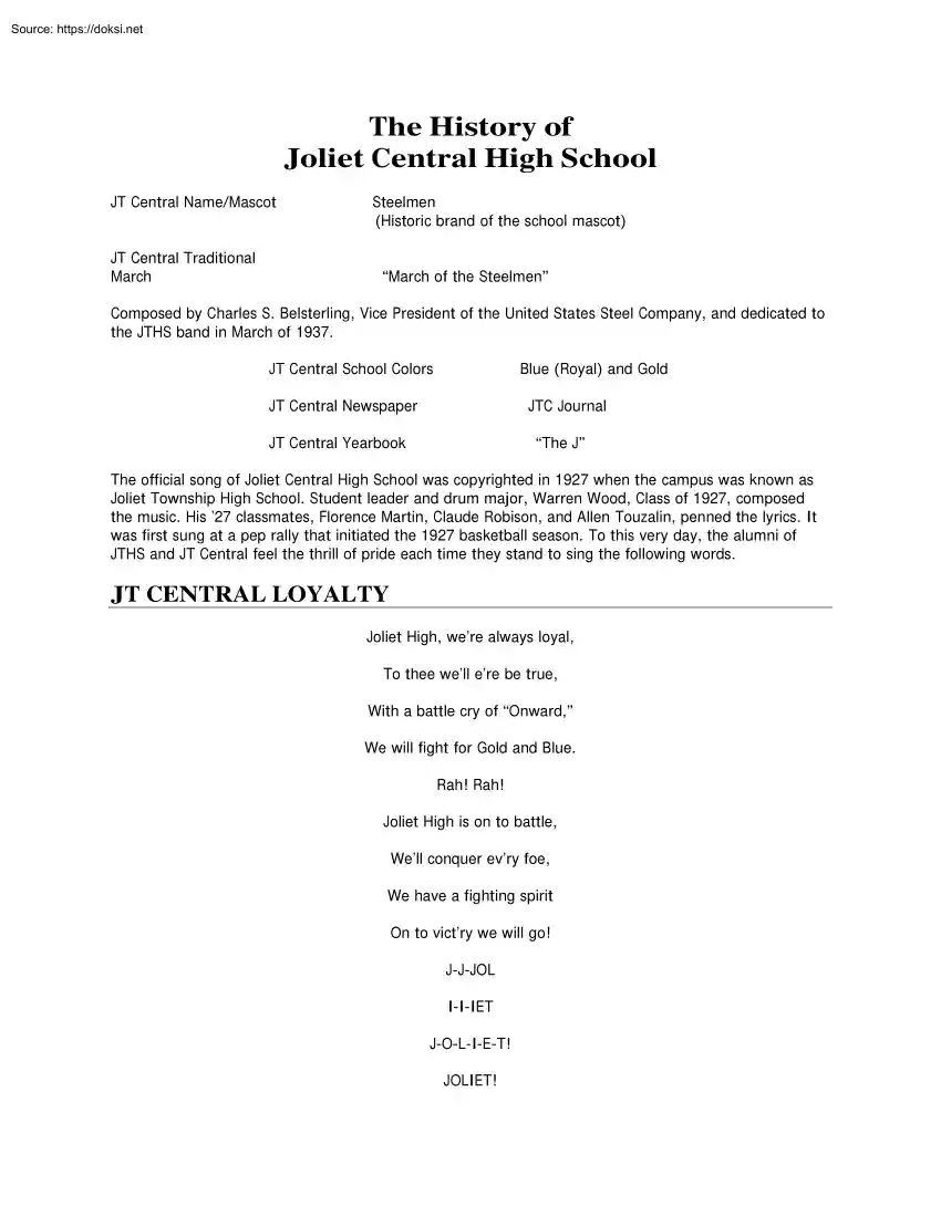 The History of Joliet Central High School