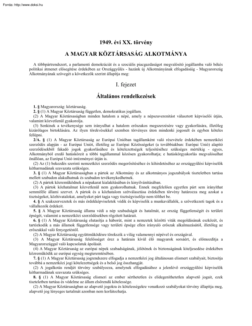 A Magyar Köztársaság alkotmánya, 1949. évi XX. törvény
