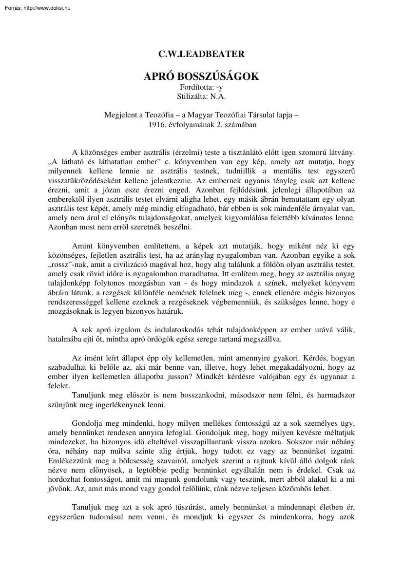 C.W. Leadbeater - Apró bosszúságok