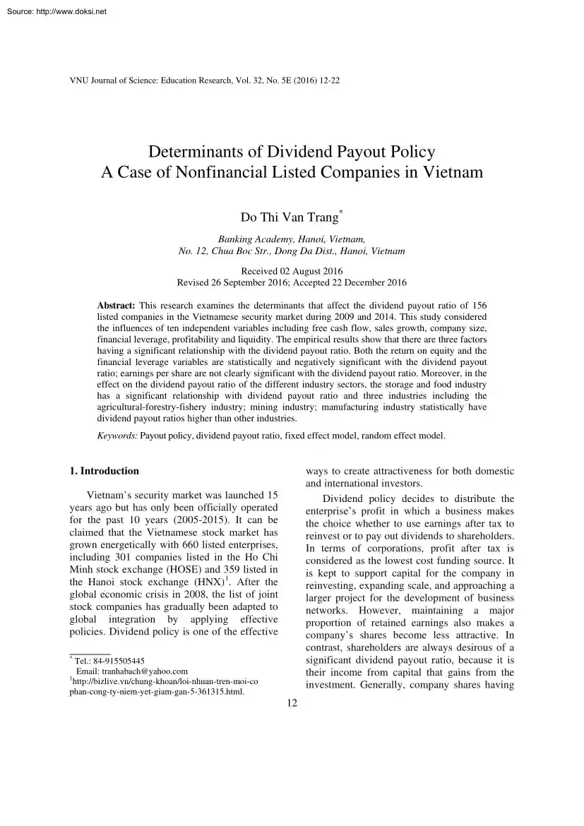 Do Thi Van Trang - Determinants of Dividend Payout Policy, A Case of Nonfinancial Listed Companies in Vietnam