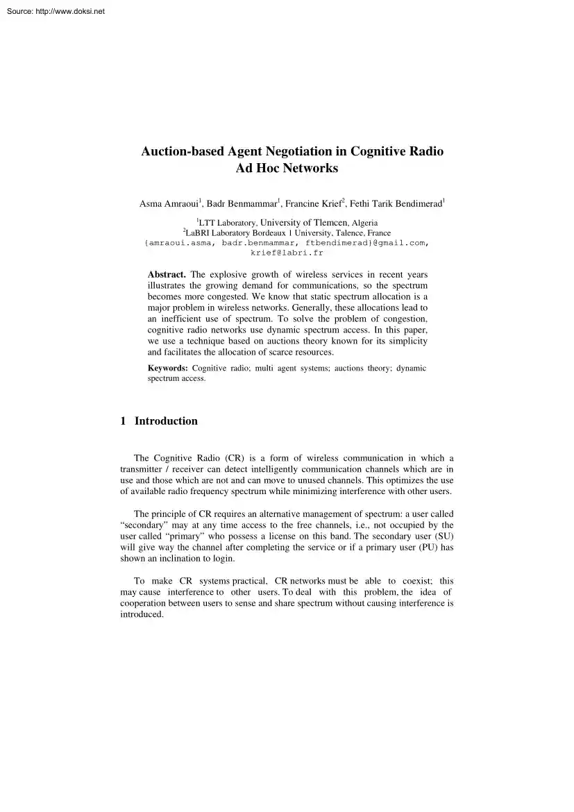 Auction Based Agent Negotiation in Cognitive Radio Ad Hoc Networks
