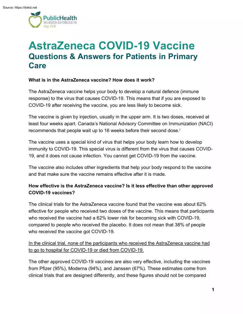 AstraZeneca COVID-19 Vaccine, Questions and Answers for Patients in Primary Care