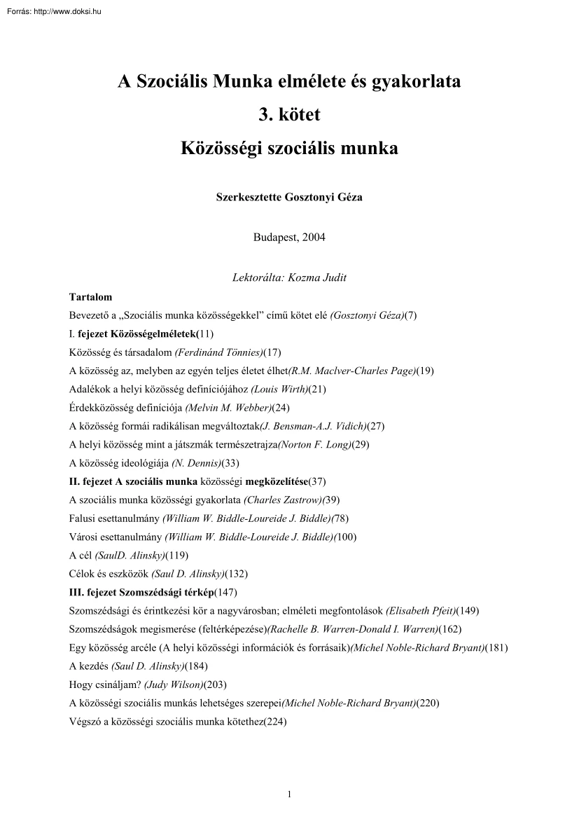 Gosztonyi Géza - A szociális munka elmélete és gyakorlata III - Közösségi szociális munka